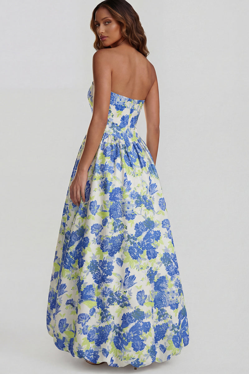 Load image into Gallery viewer, Floral Blue and White Strapless A Line Long Prom Dress with Slit