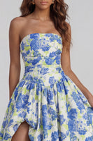 Load image into Gallery viewer, Floral Blue and White Strapless A Line Long Prom Dress with Slit