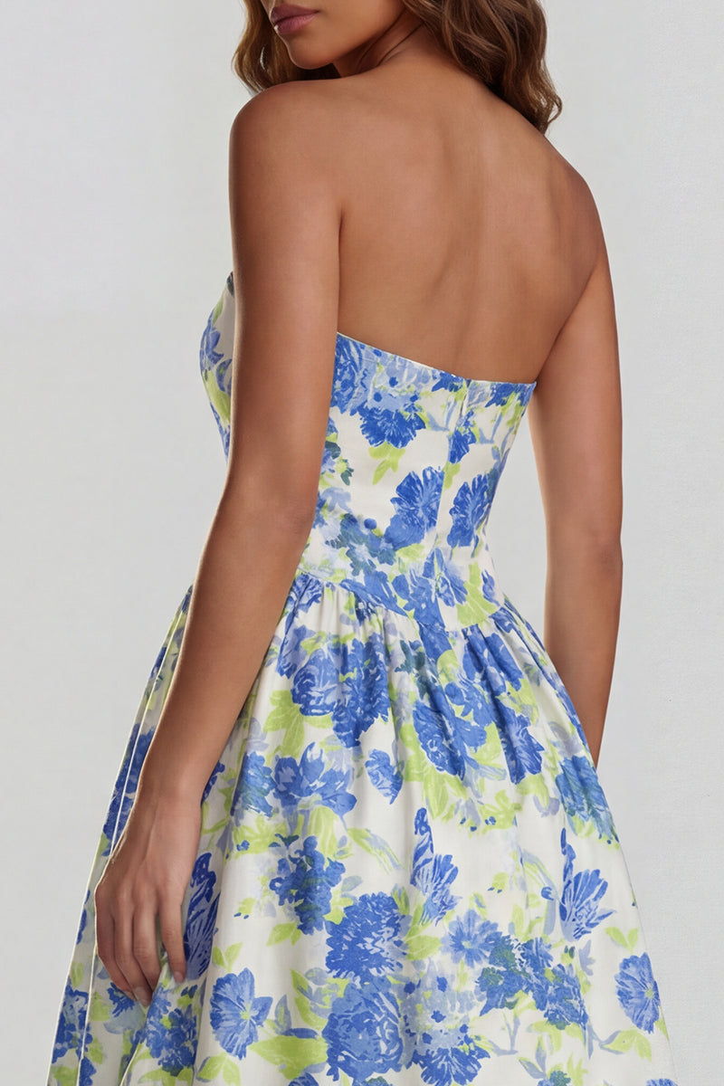 Load image into Gallery viewer, Floral Blue and White Strapless A Line Long Prom Dress with Slit