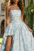 Load image into Gallery viewer, Floral Blue and White Strapless A Line Long Prom Dress with Slit
