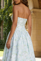 Load image into Gallery viewer, Floral Blue and White Strapless A Line Long Prom Dress with Slit