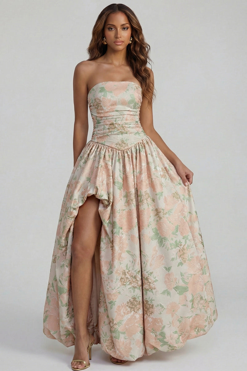 Load image into Gallery viewer, Floral Blue and White Strapless A Line Long Prom Dress with Slit