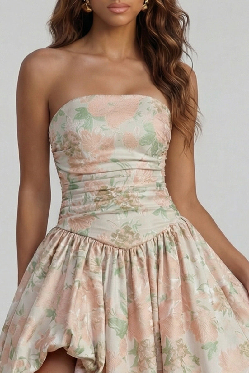 Load image into Gallery viewer, Floral Blue and White Strapless A Line Long Prom Dress with Slit