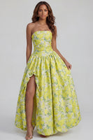 Load image into Gallery viewer, Floral Blue and White Strapless A Line Long Prom Dress with Slit