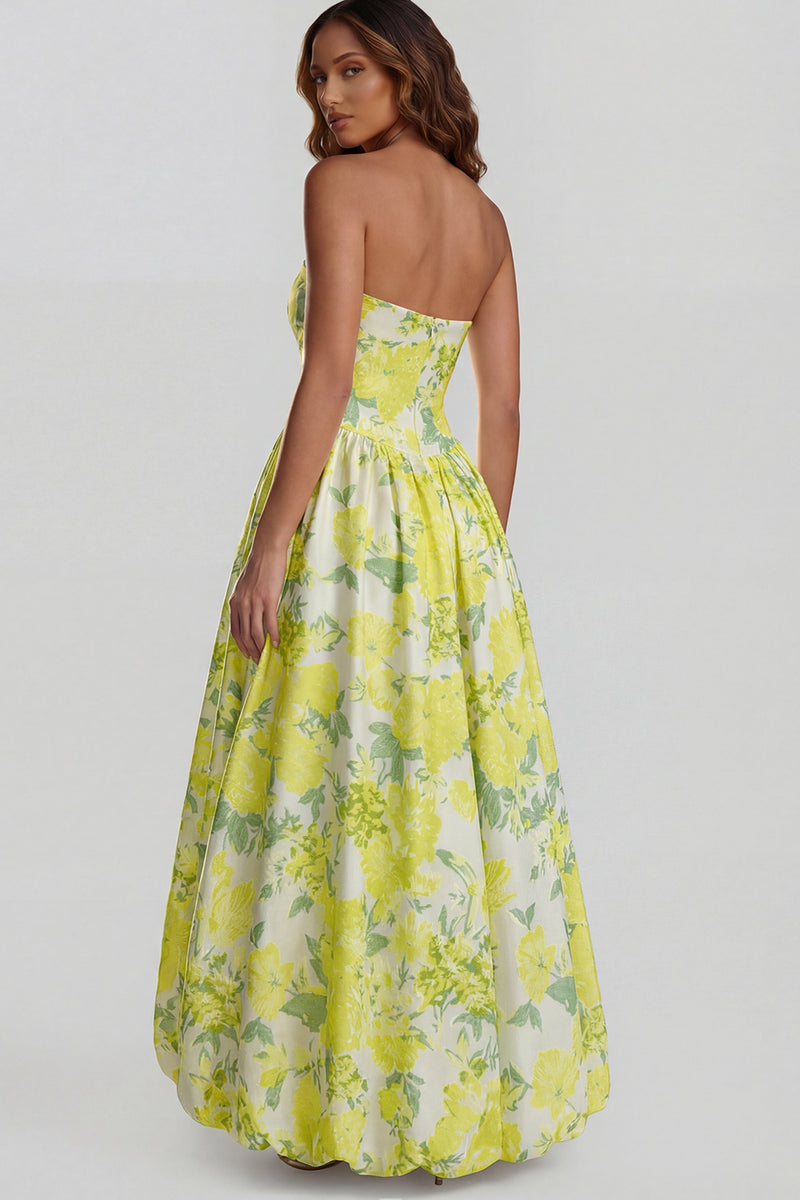 Load image into Gallery viewer, Floral Blue and White Strapless A Line Long Prom Dress with Slit