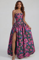 Load image into Gallery viewer, Floral Blue and White Strapless A Line Long Prom Dress with Slit