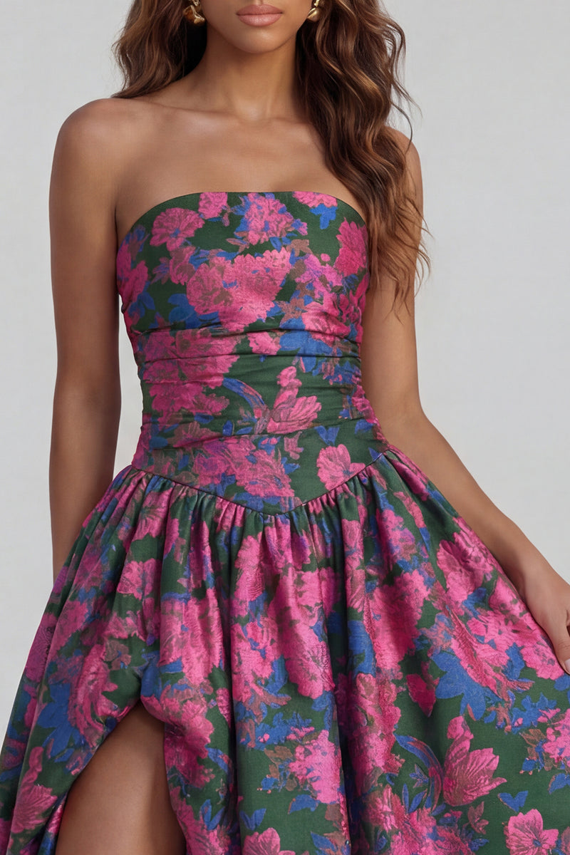 Load image into Gallery viewer, Floral Blue and White Strapless A Line Long Prom Dress with Slit