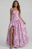 Load image into Gallery viewer, Floral Blue and White Strapless A Line Long Prom Dress with Slit