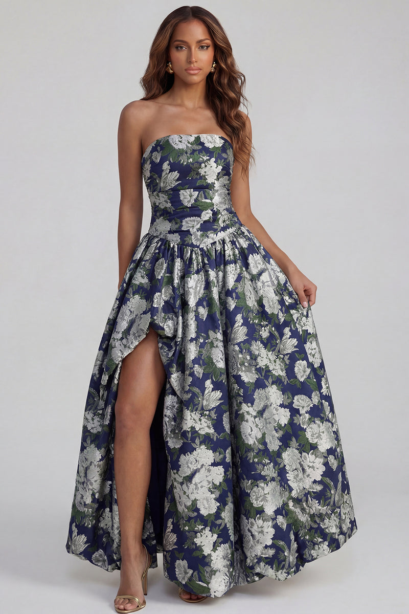 Load image into Gallery viewer, Floral Blue and White Strapless A Line Long Prom Dress with Slit
