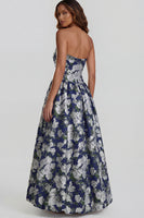 Load image into Gallery viewer, Floral Blue and White Strapless A Line Long Prom Dress with Slit