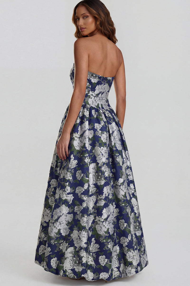 Load image into Gallery viewer, Floral Blue and White Strapless A Line Long Prom Dress with Slit