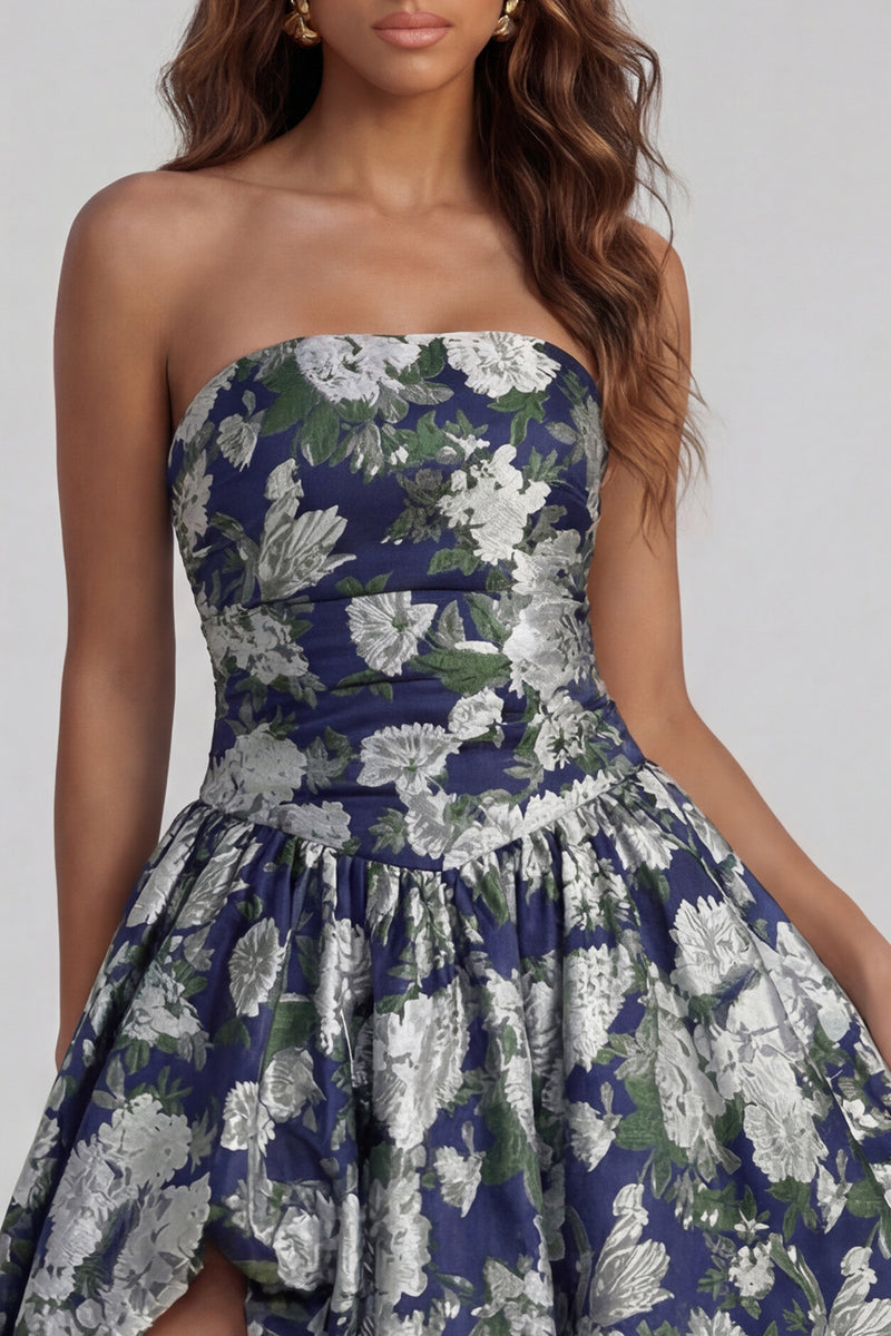 Load image into Gallery viewer, Floral Blue and White Strapless A Line Long Prom Dress with Slit