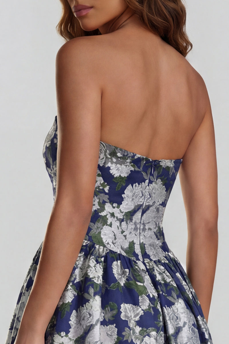 Load image into Gallery viewer, Floral Blue and White Strapless A Line Long Prom Dress with Slit