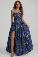 Load image into Gallery viewer, Floral Blue and White Strapless A Line Long Prom Dress with Slit