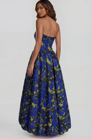 Load image into Gallery viewer, Floral Blue and White Strapless A Line Long Prom Dress with Slit