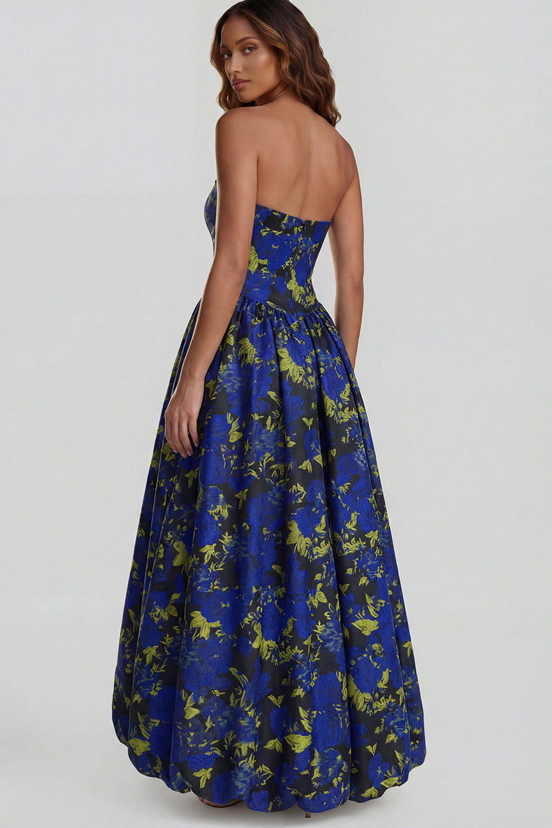 Load image into Gallery viewer, Floral Blue and White Strapless A Line Long Prom Dress with Slit