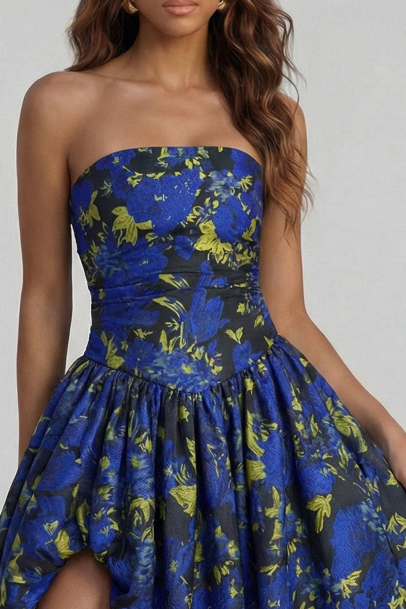 Load image into Gallery viewer, Floral Blue and White Strapless A Line Long Prom Dress with Slit