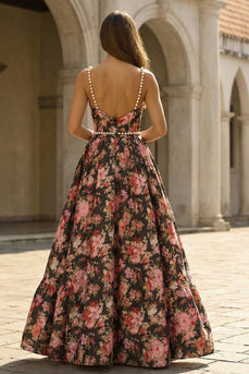 Black and Pink Floral A Line Spaghetti Straps Long Prom Dress with Pearls