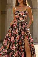 Load image into Gallery viewer, Black and Pink Floral A Line Spaghetti Straps Long Prom Dress with Pearls