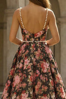 Load image into Gallery viewer, Black and Pink Floral A Line Spaghetti Straps Long Prom Dress with Pearls