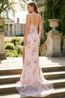 Load image into Gallery viewer, Sparkly Pink Floral Spaghetti Straps Mermaid Long Prom Dress with Slit