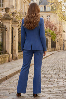 Royal Blue Striped 2 Piece Single Breasted Peak Lapel Business Suits