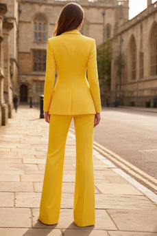 Yellow 2 Piece Single Breasted Peak Lapel Wide Leg Business Suits
