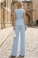 Load image into Gallery viewer, 2 Piece Sky Blue V Neck Single Breasted Wide Leg Business Suits