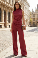 Load image into Gallery viewer, Burgundy 2 Piece High Neck Wide Leg Business Suits