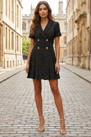 Load image into Gallery viewer, Black Double Breasted Tweed Short Work Dress with Sleeves