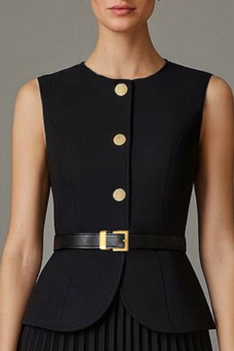 Load image into Gallery viewer, Black 2 Piece Round Neck A Line Single Breasted Midi Business Suits with Belt