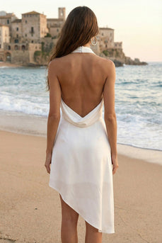 Ivory Satin Halter A Line Asymmetrical Graduation Dress with Slit