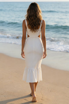 Ivory Thick Straps Cut Out Bodycon Midi Wedding Reception Dress with Ruffles