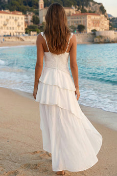 Flowy Ivory A Line V Neck Tiered High-Low Bridal Shower Dress with Ruffles