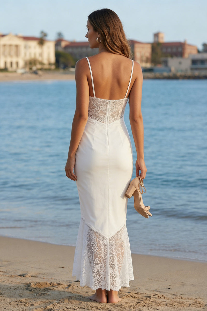 Load image into Gallery viewer, Ivory Cowl Neck Mermaid Ruffled Long Wedding Reception Dress with Lace