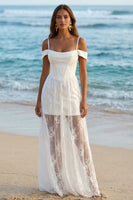 Load image into Gallery viewer, Boho Ivory Cold Shoulder Sheath Long Corset Wedding Reception Dress with Lace