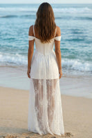 Load image into Gallery viewer, Boho Ivory Cold Shoulder Sheath Long Corset Wedding Reception Dress with Lace