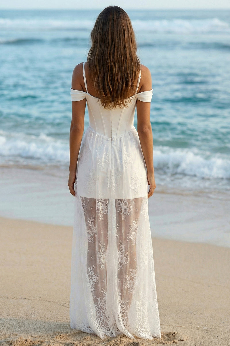 Load image into Gallery viewer, Boho Ivory Cold Shoulder Sheath Long Corset Wedding Reception Dress with Lace