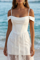 Load image into Gallery viewer, Boho Ivory Cold Shoulder Sheath Long Corset Wedding Reception Dress with Lace