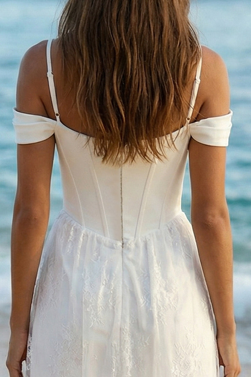 Load image into Gallery viewer, Boho Ivory Cold Shoulder Sheath Long Corset Wedding Reception Dress with Lace