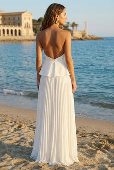 Ivory Strapless Pleated A Line Long Rehearsal Dinner Dress with Ruffles