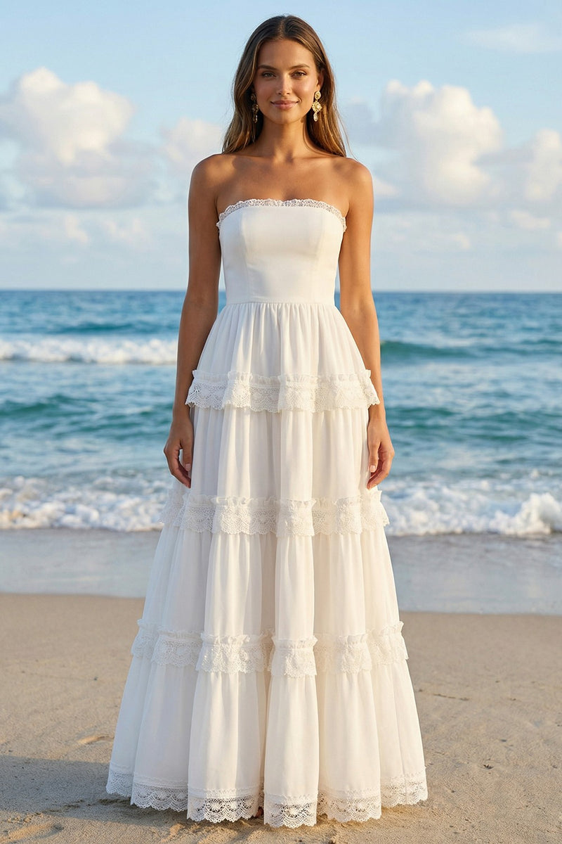 Load image into Gallery viewer, Ivory Strapless Ruffled A Line Long Rehearsal Dinner Dress with Lace