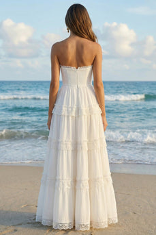 Ivory Strapless Ruffled A Line Long Rehearsal Dinner Dress with Lace