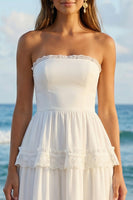 Load image into Gallery viewer, Ivory Strapless Ruffled A Line Long Rehearsal Dinner Dress with Lace