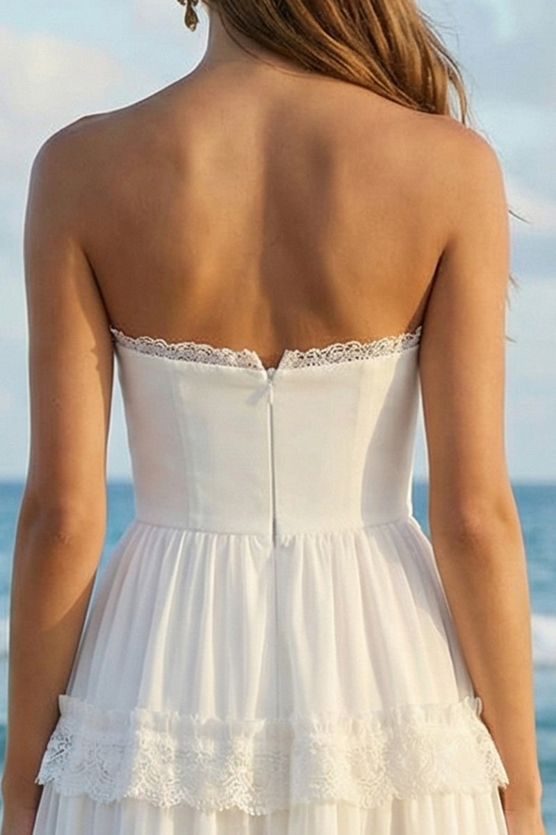 Load image into Gallery viewer, Ivory Strapless Ruffled A Line Long Rehearsal Dinner Dress with Lace