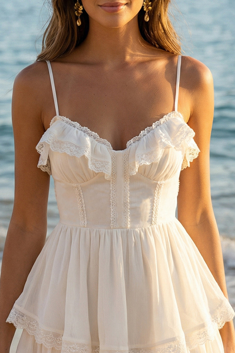 Load image into Gallery viewer, Ivory A Line Spaghetti Straps Tiered Short Graduation Dress with Ruffles