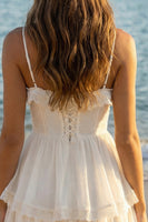 Load image into Gallery viewer, Ivory A Line Spaghetti Straps Tiered Short Graduation Dress with Ruffles