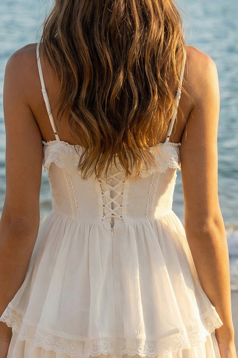 Load image into Gallery viewer, Ivory A Line Spaghetti Straps Tiered Short Graduation Dress with Ruffles