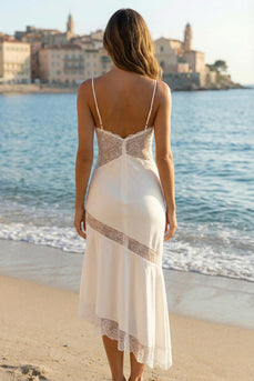 Ivory Satin Sheath Spaghetti Straps Midi Bridal Shower Dress with Lace