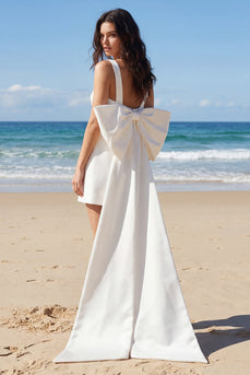 Ivory Thick Straps Ruched Bodycon Short Bachelorette Party Dress with Bow